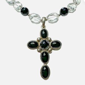 Vintage Sterling Silver Cross with Onyx Inserts and Crystal Beads.  NWOT